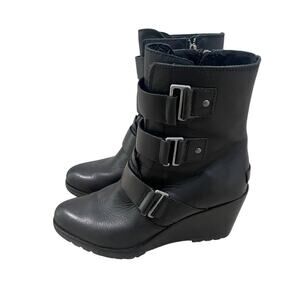 Sorel Women’s After Hours Black Leather Ankle Bootie Wedge Boots~Sz US 9